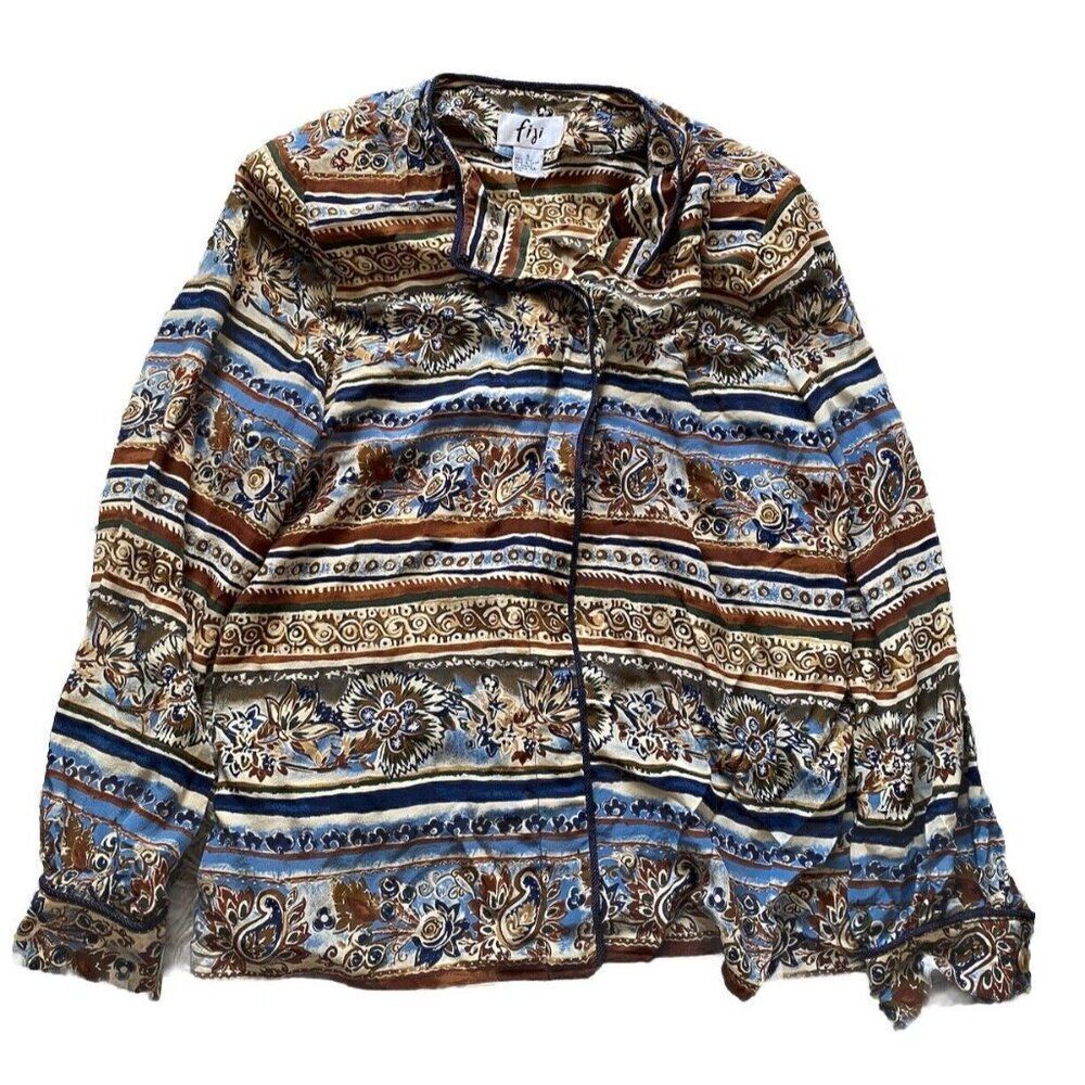 Vintage Fiji Blouse Top Silk Floral Striped Small Cream Blue Brown